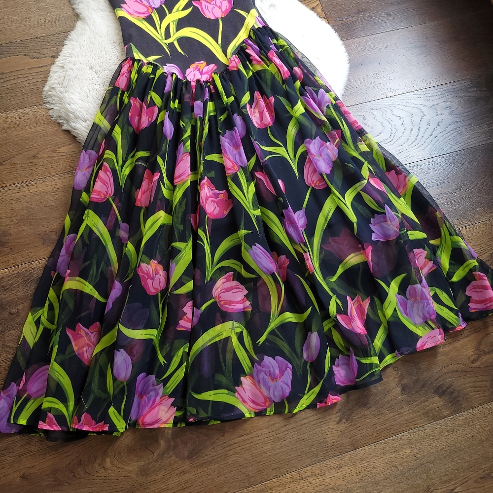 Vintage Betsey Johnson 80s Punk Label Tulip Print Fairy Ballet Midi Dress - Picture 3 of 7